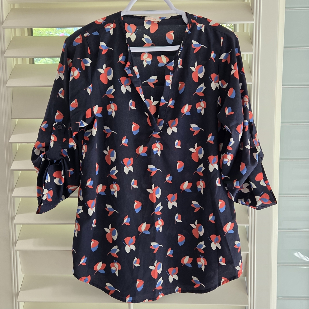 Pixley Black Blouse‎ with Red and Blue Floral Design
